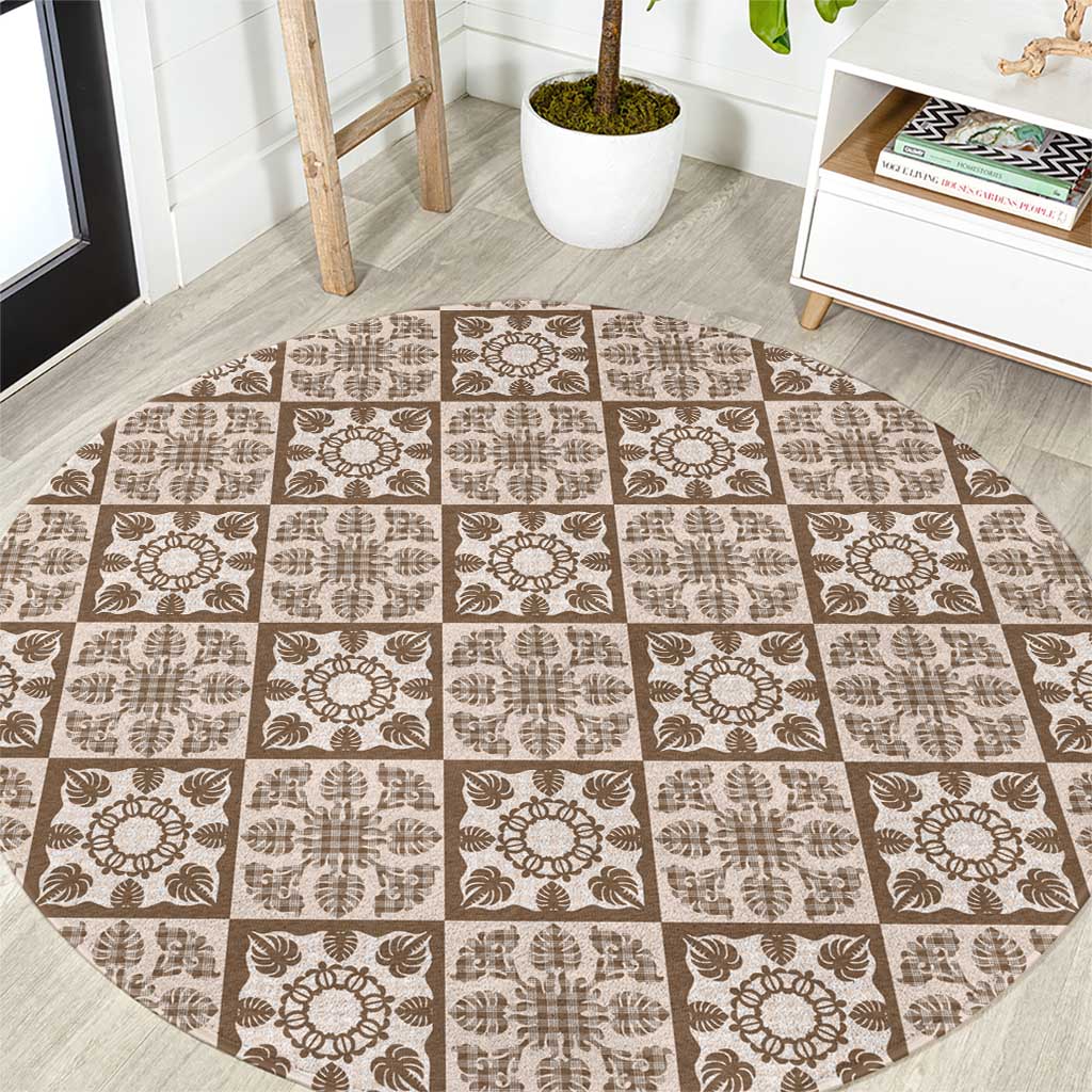 Beige Palaka Quilt Hawaii Round Carpet Hawaiian Tropical Monstera Sea Turtle