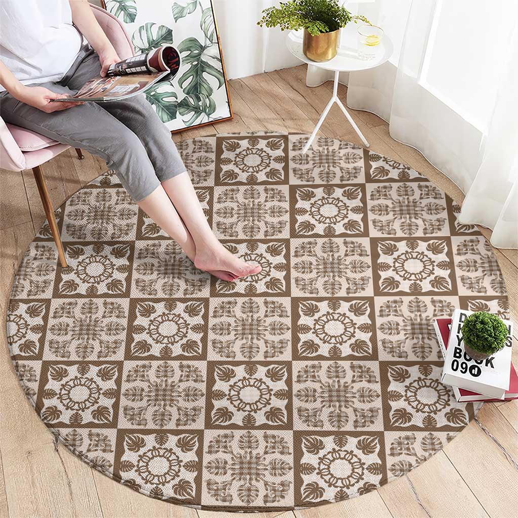 Beige Palaka Quilt Hawaii Round Carpet Hawaiian Tropical Monstera Sea Turtle
