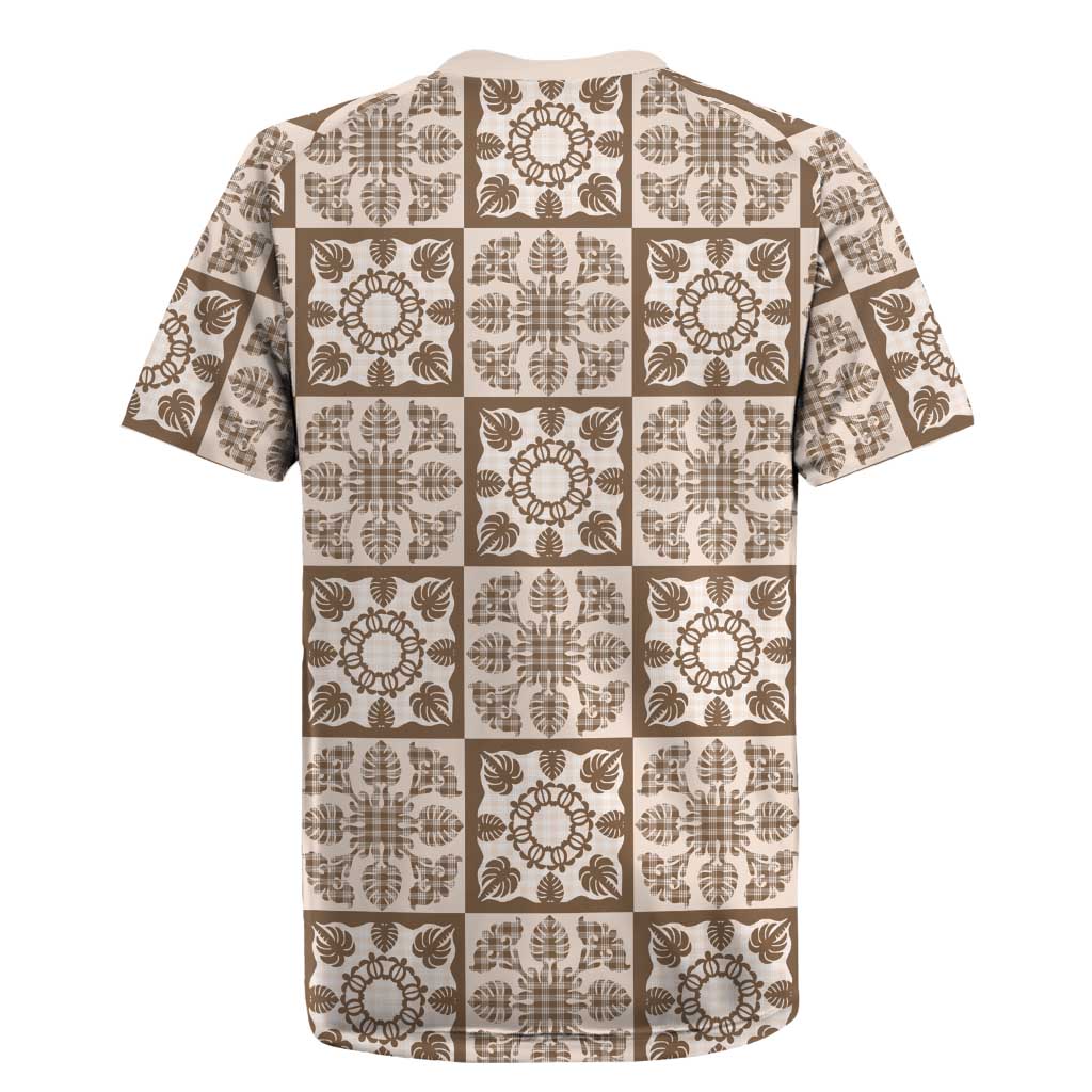 Beige Palaka Quilt Hawaii Rugby Jersey Hawaiian Tropical Monstera Sea Turtle