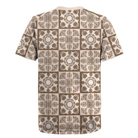 Beige Palaka Quilt Hawaii Rugby Jersey Hawaiian Tropical Monstera Sea Turtle