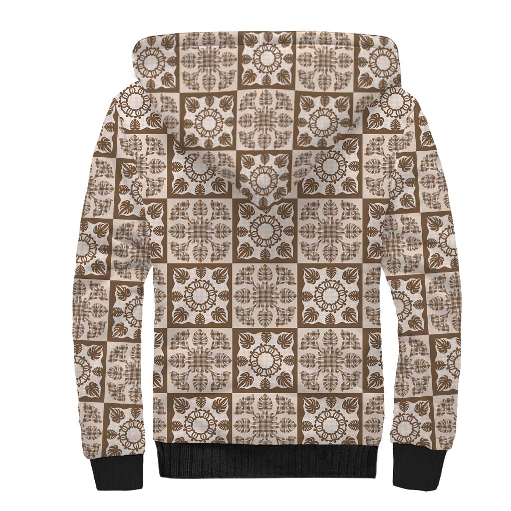 Beige Palaka Quilt Hawaii Sherpa Hoodie Hawaiian Tropical Monstera Sea Turtle LT14 - Polynesian Pride