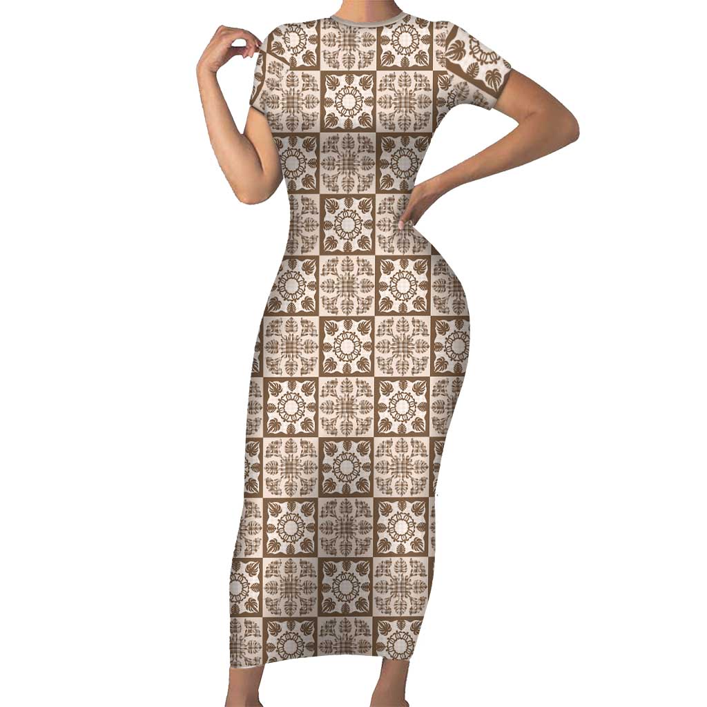 Beige Palaka Quilt Hawaii Short Sleeve Bodycon Dress Hawaiian Tropical Monstera Sea Turtle LT14 Long Dress Beige - Polynesian Pride