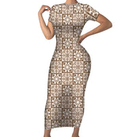 Beige Palaka Quilt Hawaii Short Sleeve Bodycon Dress Hawaiian Tropical Monstera Sea Turtle LT14 Long Dress Beige - Polynesian Pride