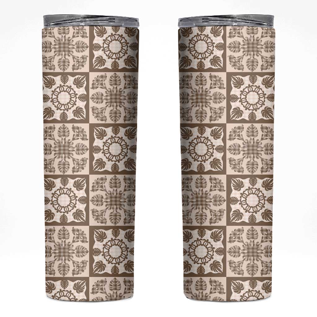 Beige Palaka Quilt Hawaii Skinny Tumbler Hawaiian Tropical Monstera Sea Turtle LT14 Beige - Polynesian Pride