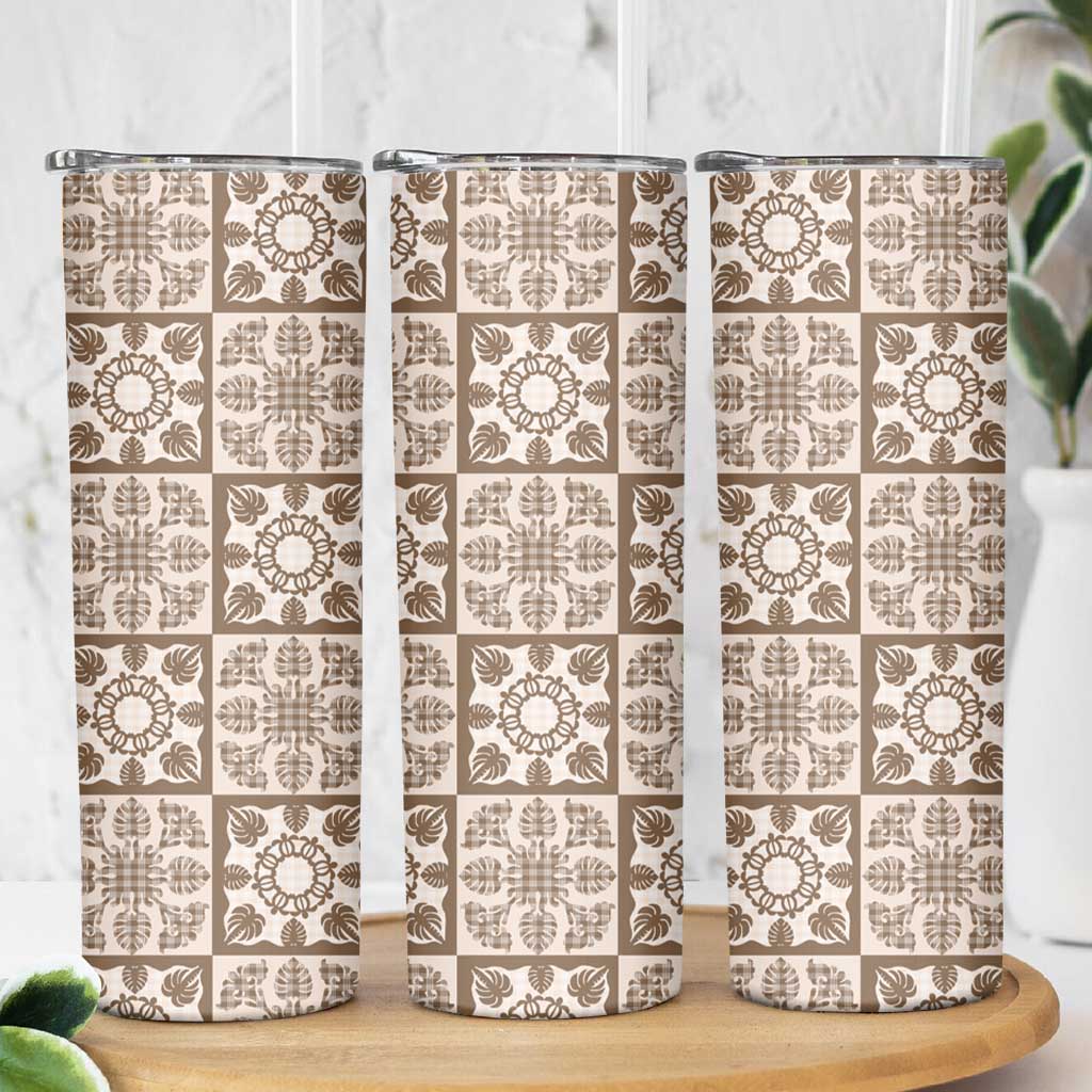 Beige Palaka Quilt Hawaii Skinny Tumbler Hawaiian Tropical Monstera Sea Turtle LT14 - Polynesian Pride