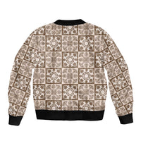 Beige Palaka Quilt Hawaii Sleeve Zip Bomber Jacket Hawaiian Tropical Monstera Sea Turtle