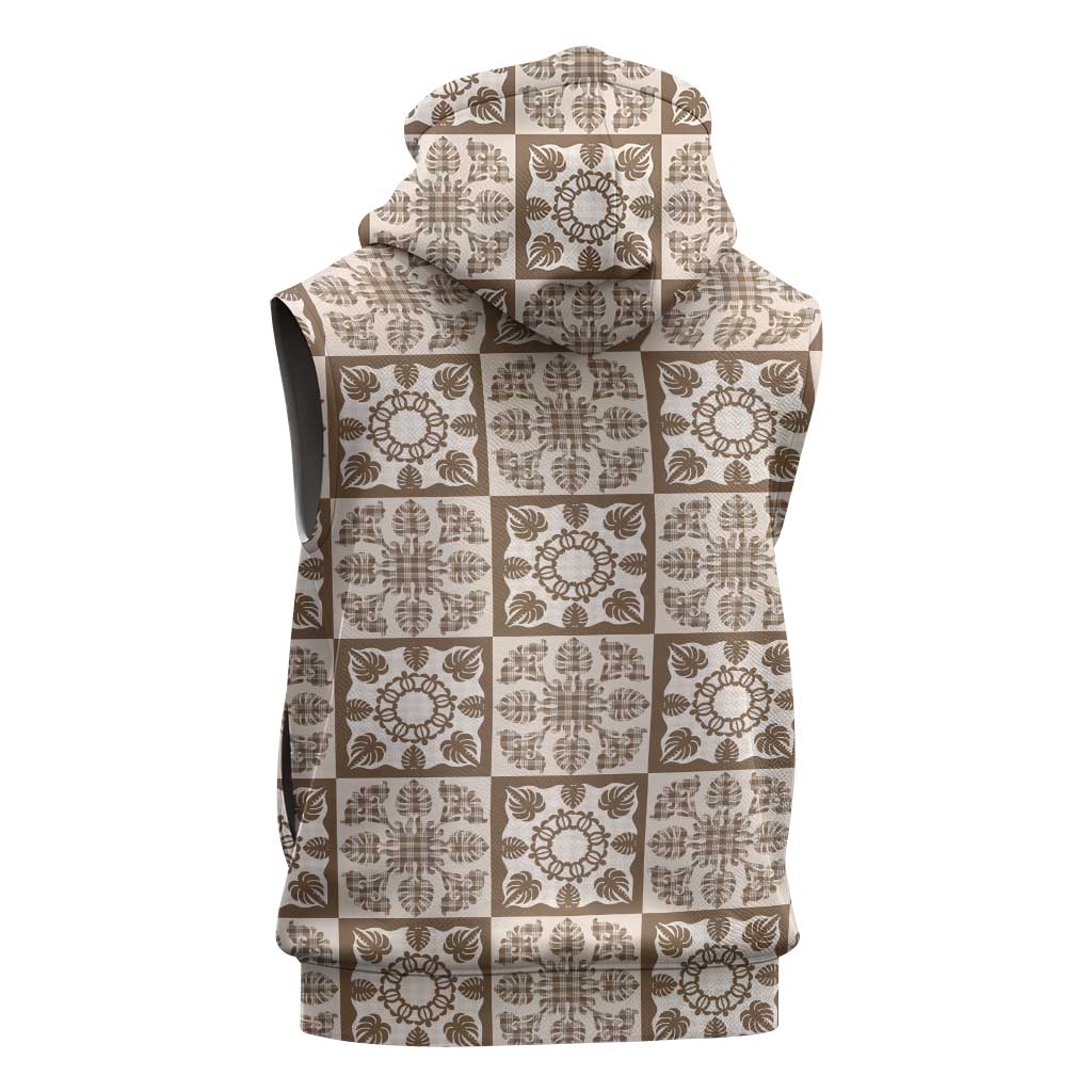 Beige Palaka Quilt Hawaii Sleeveless Hoodie Hawaiian Tropical Monstera Sea Turtle