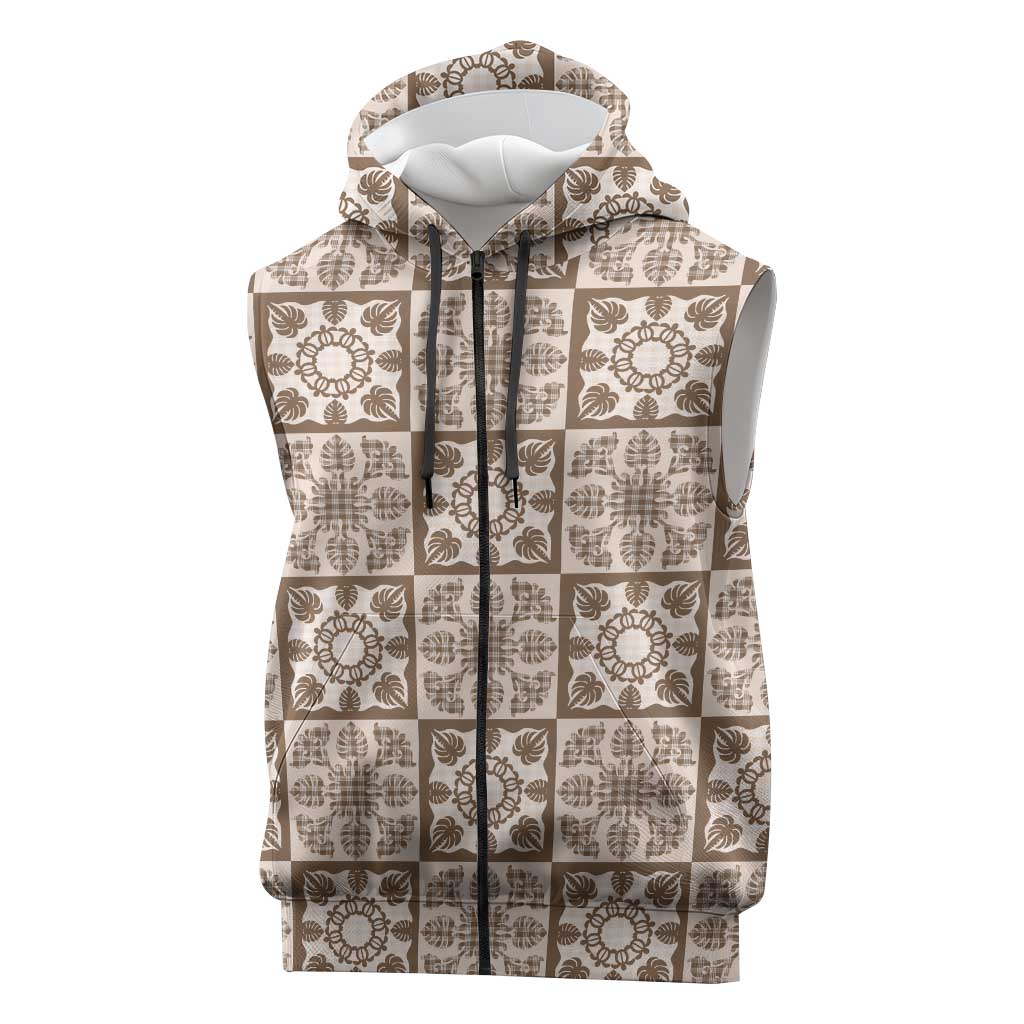 Beige Palaka Quilt Hawaii Sleeveless Zip Hoodie Hawaiian Tropical Monstera Sea Turtle LT14 Beige - Polynesian Pride