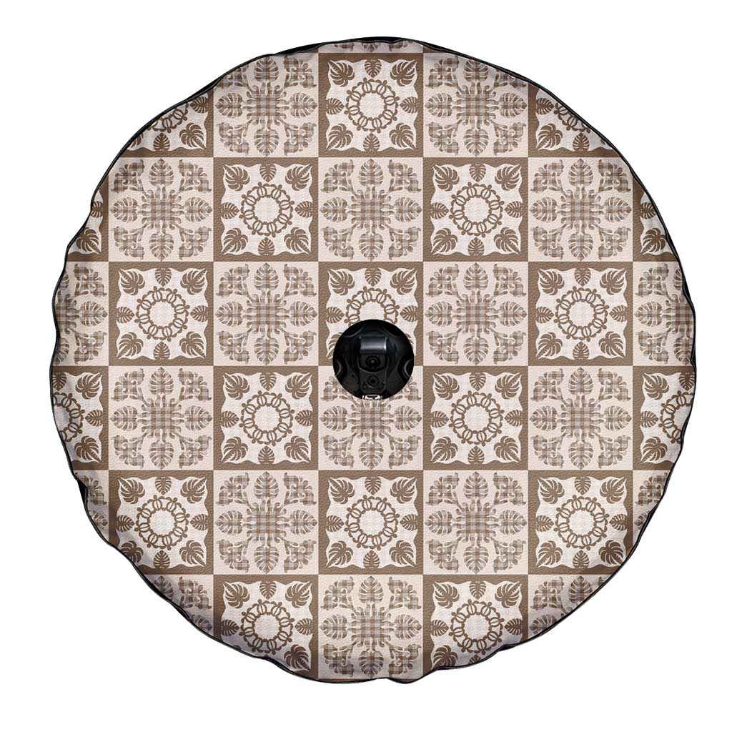 Beige Palaka Quilt Hawaii Spare Tire Cover Hawaiian Tropical Monstera Sea Turtle