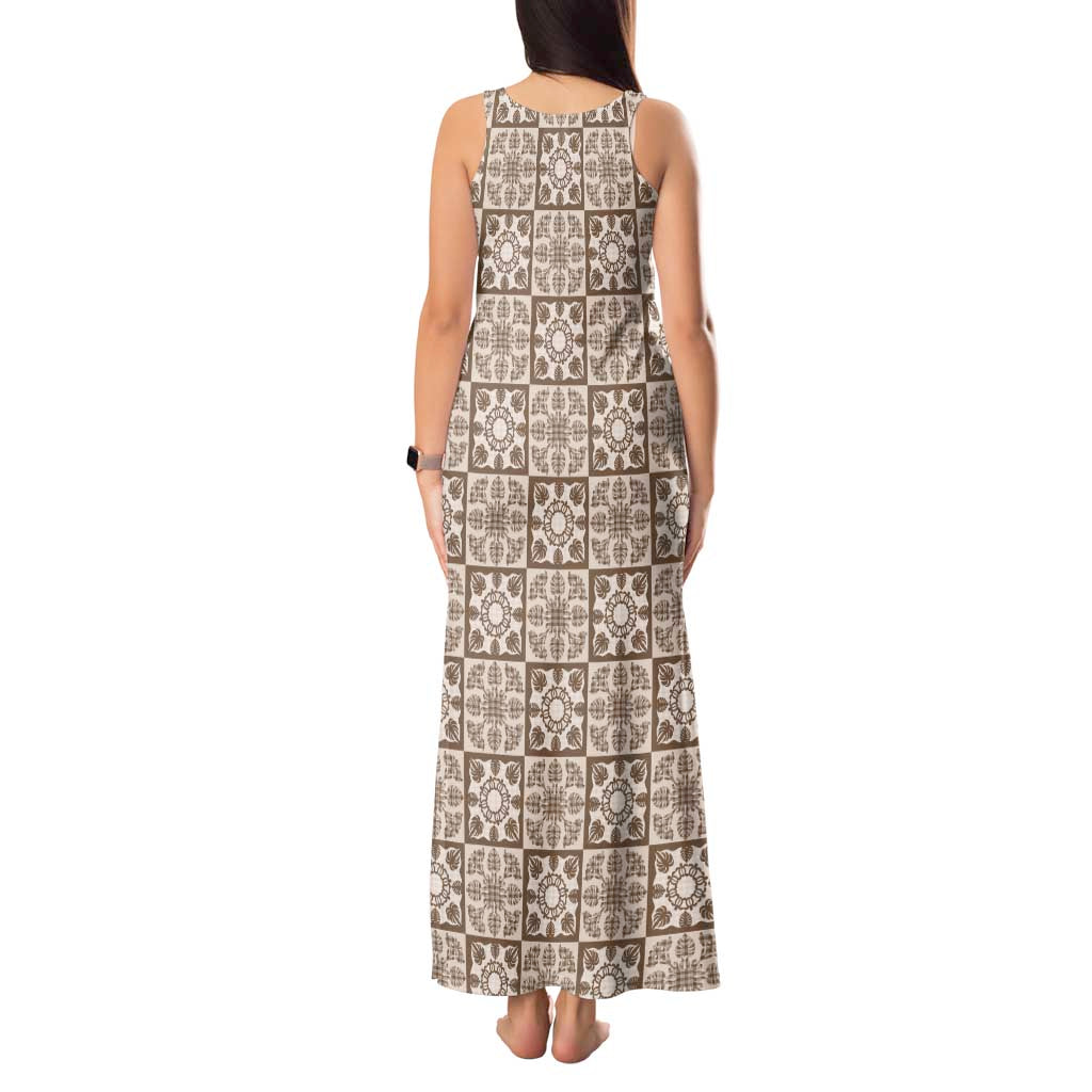 Beige Palaka Quilt Hawaii Tank Maxi Dress Hawaiian Tropical Monstera Sea Turtle