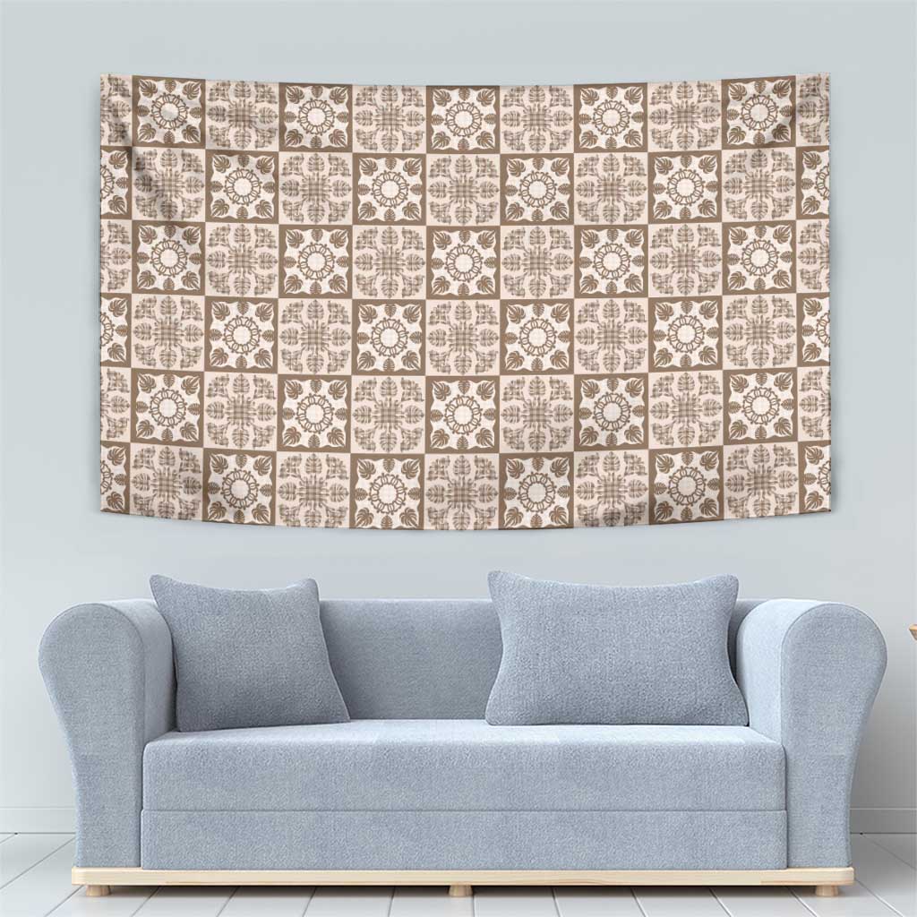 Beige Palaka Quilt Hawaii Tapestry Hawaiian Tropical Monstera Sea Turtle