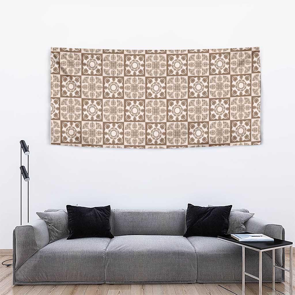 Beige Palaka Quilt Hawaii Tapestry Hawaiian Tropical Monstera Sea Turtle