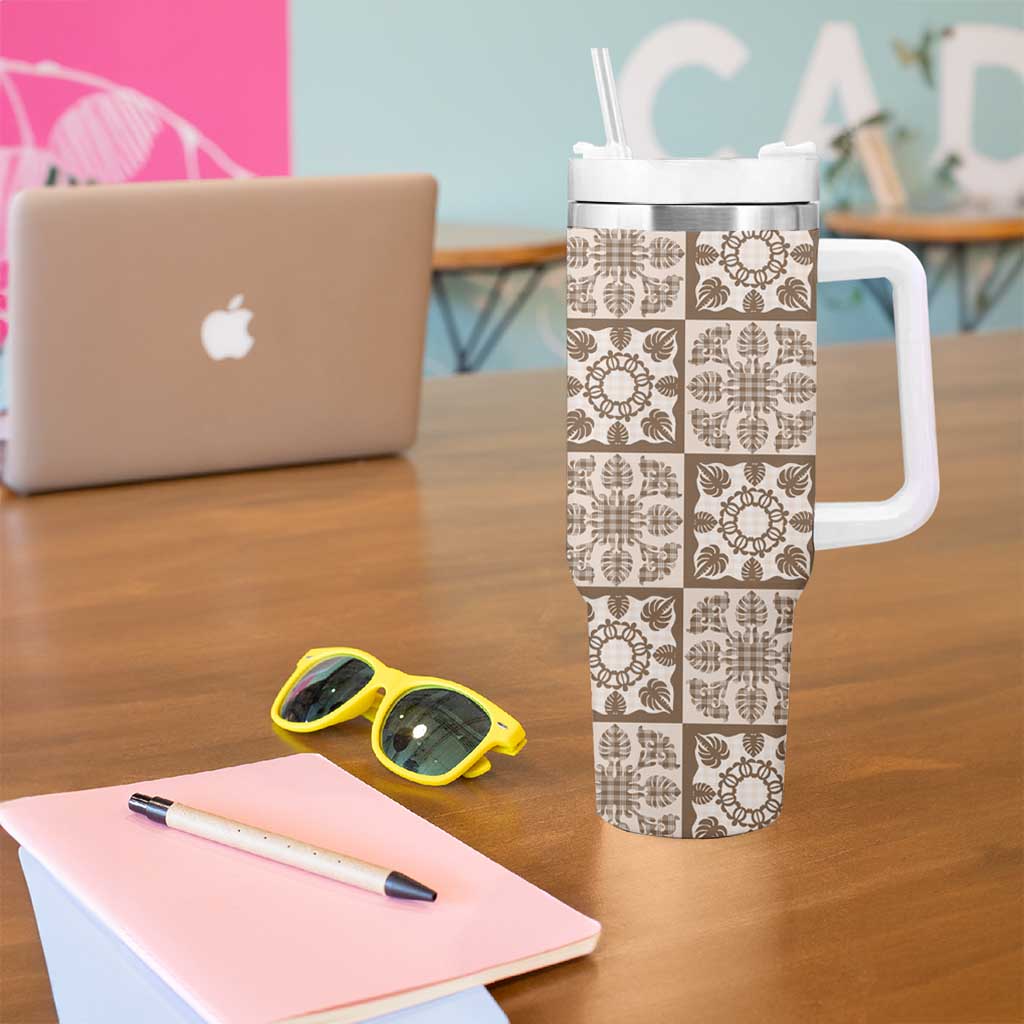 Beige Palaka Quilt Hawaii Tumbler With Handle Hawaiian Tropical Monstera Sea Turtle