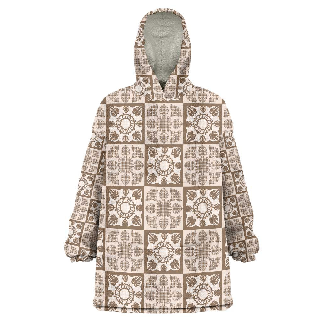 Beige Palaka Quilt Hawaii Wearable Blanket Hoodie Hawaiian Tropical Monstera Sea Turtle LT14 One Size Beige - Polynesian Pride