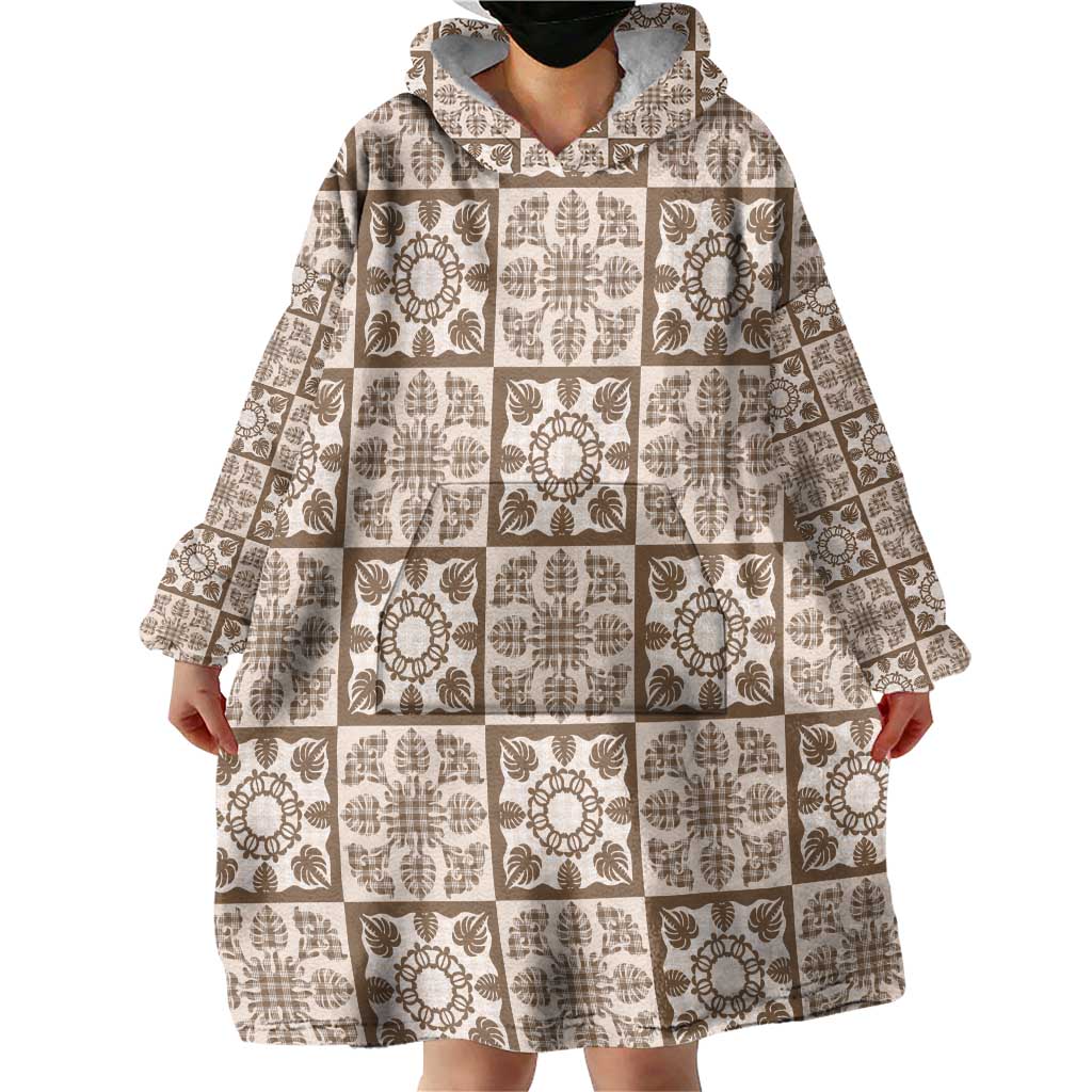 Beige Palaka Quilt Hawaii Wearable Blanket Hoodie Hawaiian Tropical Monstera Sea Turtle LT14 - Polynesian Pride