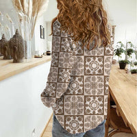 Beige Palaka Quilt Hawaii Women Casual Shirt Hawaiian Tropical Monstera Sea Turtle LT14 - Polynesian Pride