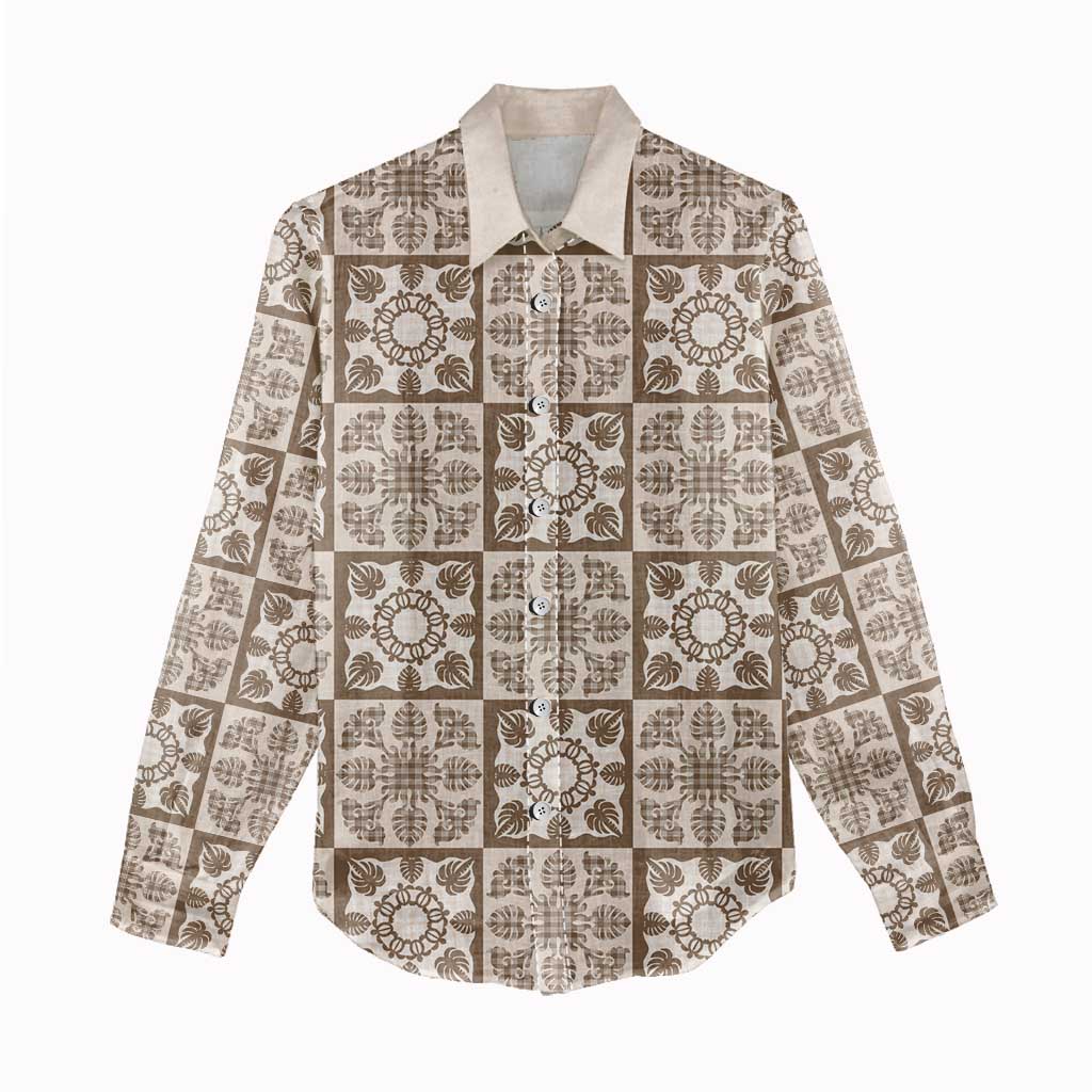 Beige Palaka Quilt Hawaii Women Casual Shirt Hawaiian Tropical Monstera Sea Turtle LT14 - Polynesian Pride