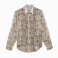 Beige Palaka Quilt Hawaii Women Casual Shirt Hawaiian Tropical Monstera Sea Turtle LT14 - Polynesian Pride