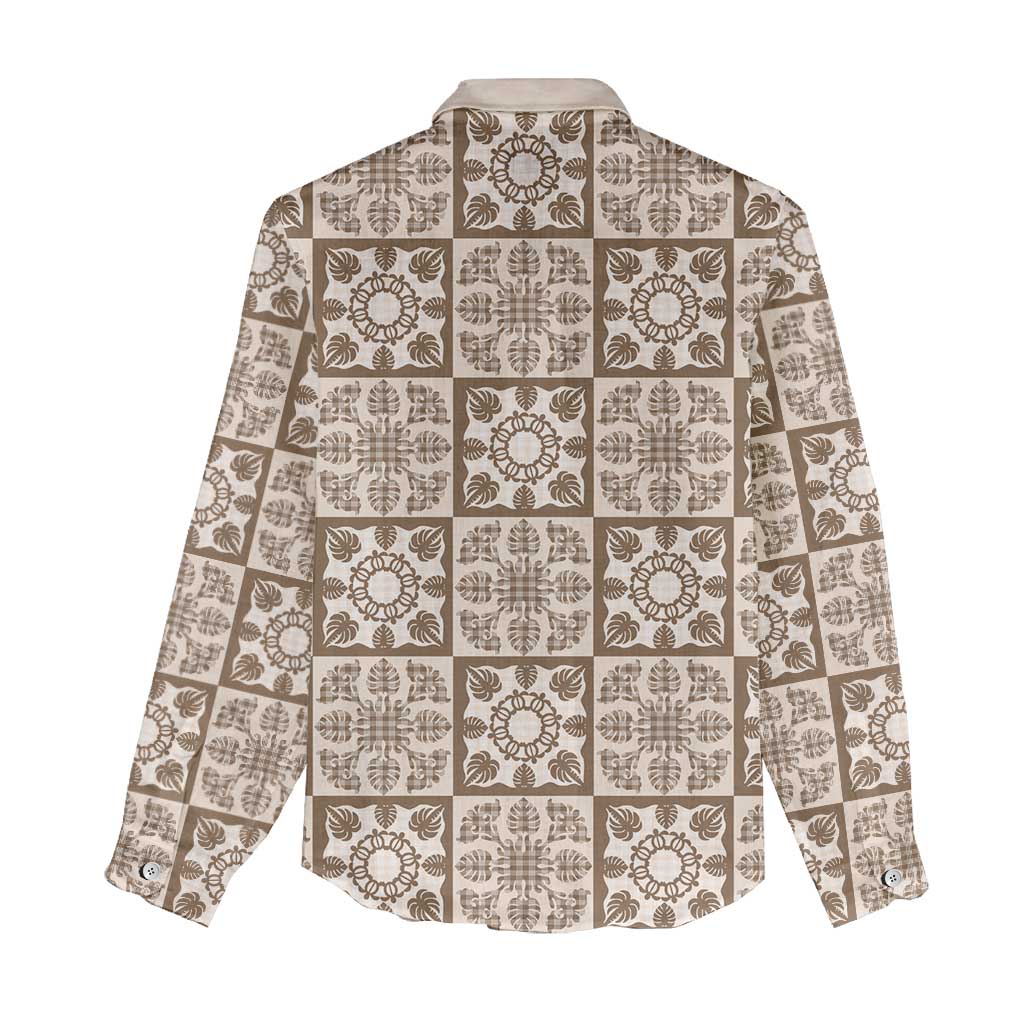 Beige Palaka Quilt Hawaii Women Casual Shirt Hawaiian Tropical Monstera Sea Turtle LT14 - Polynesian Pride