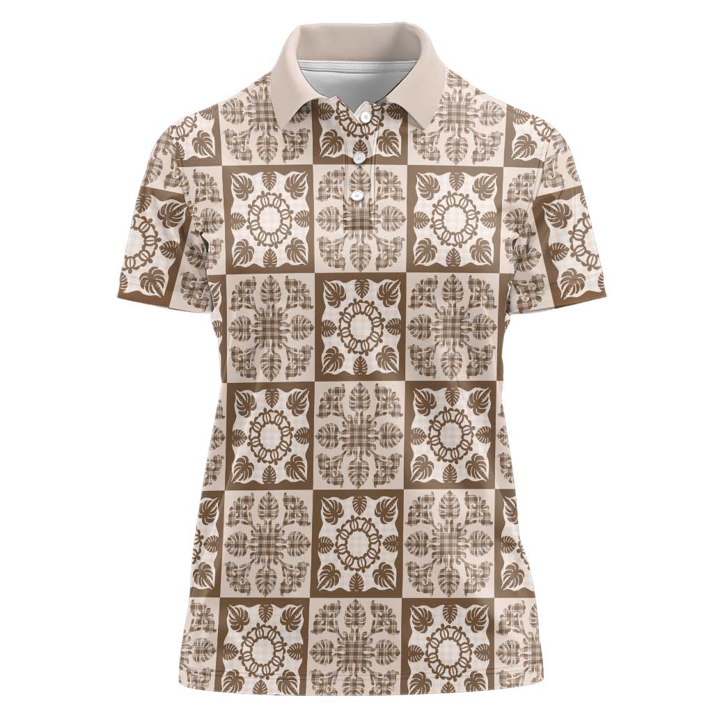 Beige Palaka Quilt Hawaii Women Polo Shirt Hawaiian Tropical Monstera Sea Turtle LT14 Female Beige - Polynesian Pride