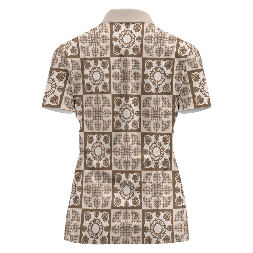 Beige Palaka Quilt Hawaii Women Polo Shirt Hawaiian Tropical Monstera Sea Turtle LT14 - Polynesian Pride