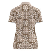 Beige Palaka Quilt Hawaii Women Polo Shirt Hawaiian Tropical Monstera Sea Turtle LT14 - Polynesian Pride