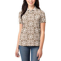 Beige Palaka Quilt Hawaii Women Polo Shirt Hawaiian Tropical Monstera Sea Turtle LT14 - Polynesian Pride