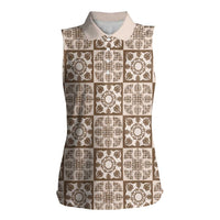 Beige Palaka Quilt Hawaii Women Sleeveless Polo Shirt Hawaiian Tropical Monstera Sea Turtle LT14 Female Beige - Polynesian Pride