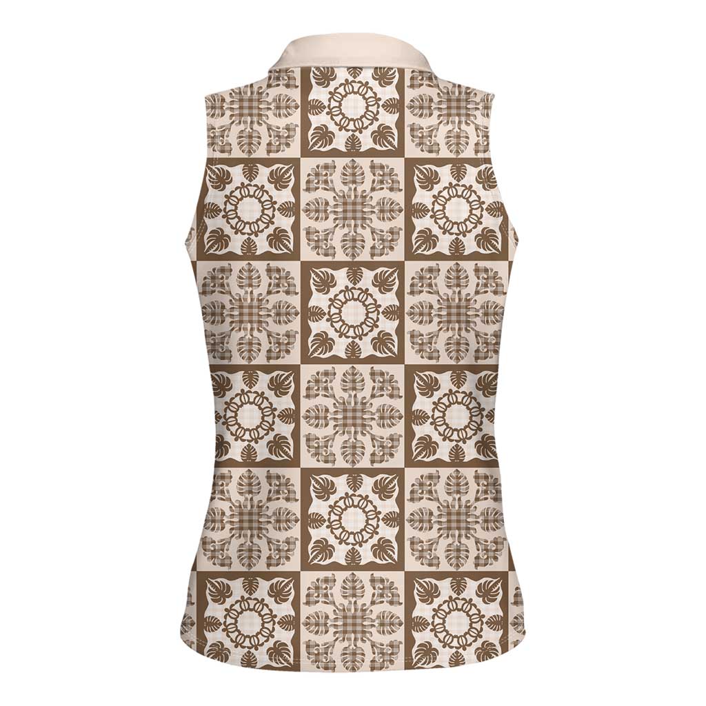 Beige Palaka Quilt Hawaii Women Sleeveless Polo Shirt Hawaiian Tropical Monstera Sea Turtle LT14 - Polynesian Pride