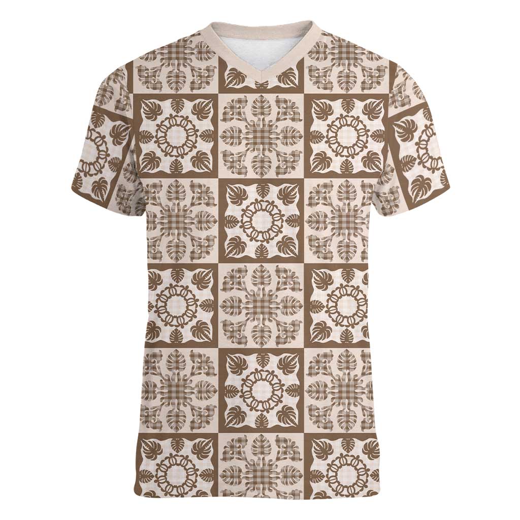 Beige Palaka Quilt Hawaii Women V-Neck T-Shirt Hawaiian Tropical Monstera Sea Turtle LT14 Female Beige - Polynesian Pride