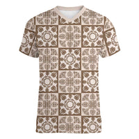 Beige Palaka Quilt Hawaii Women V-Neck T-Shirt Hawaiian Tropical Monstera Sea Turtle LT14 Female Beige - Polynesian Pride