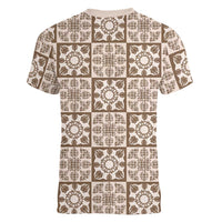 Beige Palaka Quilt Hawaii Women V-Neck T-Shirt Hawaiian Tropical Monstera Sea Turtle LT14 - Polynesian Pride
