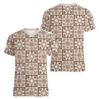 Beige Palaka Quilt Hawaii Women V-Neck T-Shirt Hawaiian Tropical Monstera Sea Turtle LT14 - Polynesian Pride