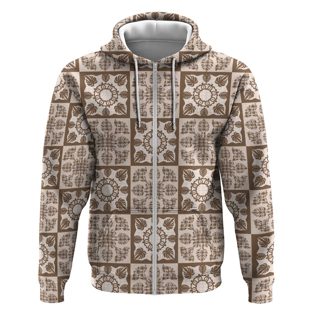 Beige Palaka Quilt Hawaii Zip Hoodie Hawaiian Tropical Monstera Sea Turtle