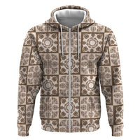 Beige Palaka Quilt Hawaii Zip Hoodie Hawaiian Tropical Monstera Sea Turtle