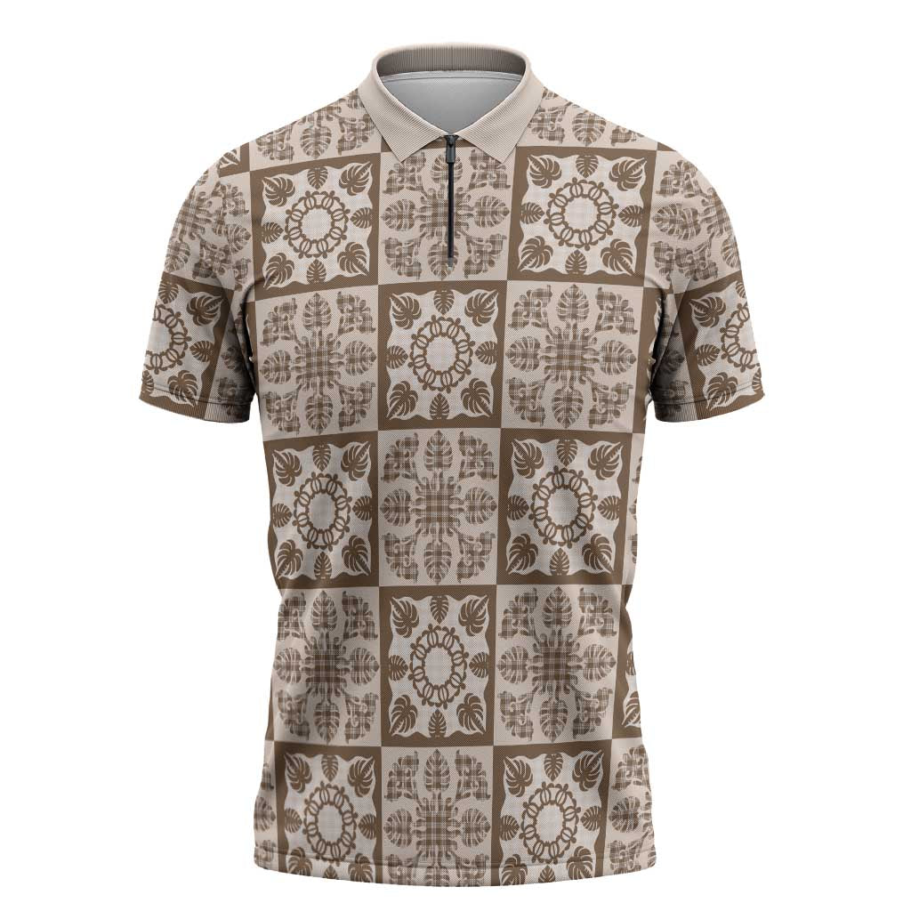 Beige Palaka Quilt Hawaii Zipper Polo Shirt Hawaiian Tropical Monstera Sea Turtle LT14 Beige - Polynesian Pride