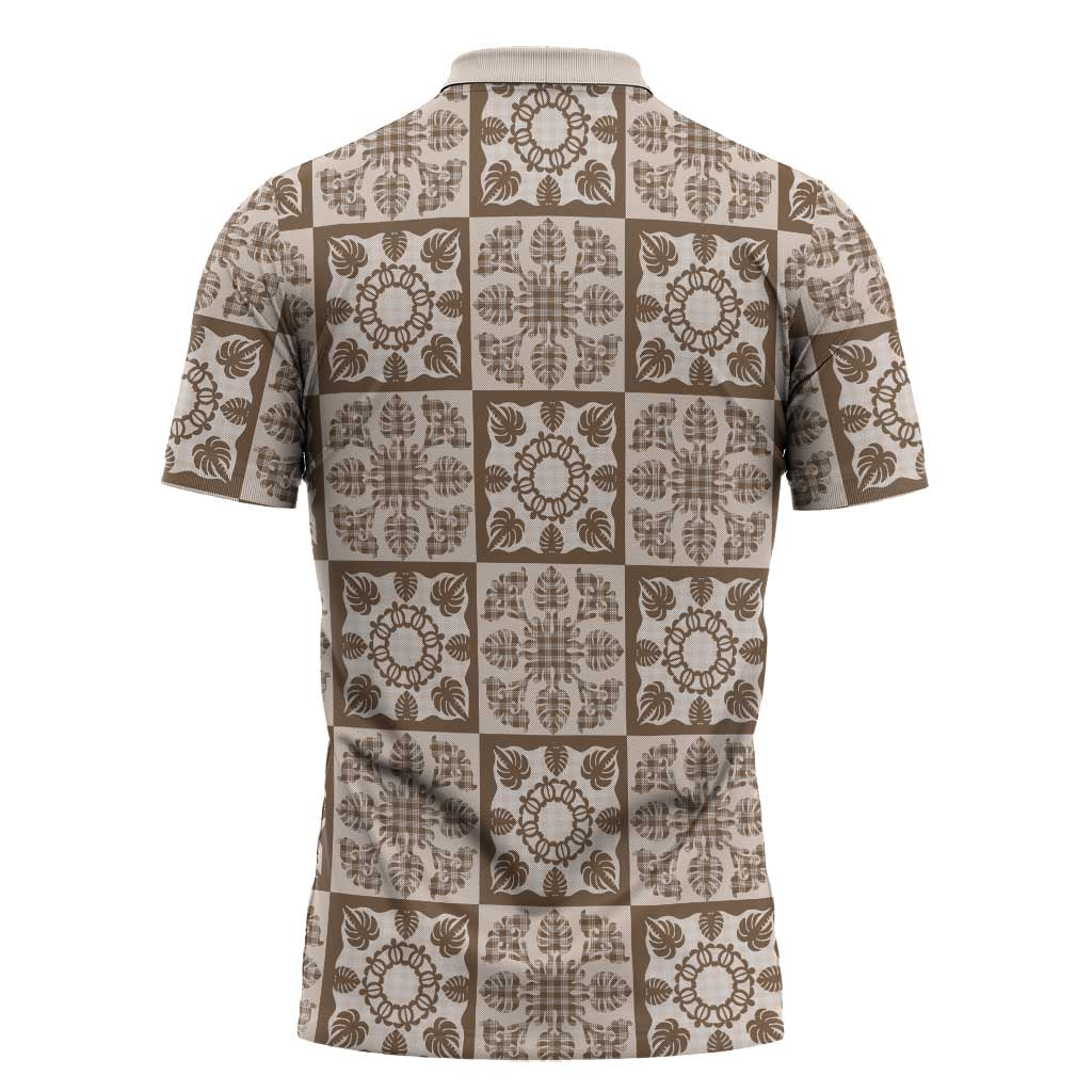 Beige Palaka Quilt Hawaii Zipper Polo Shirt Hawaiian Tropical Monstera Sea Turtle LT14 - Polynesian Pride