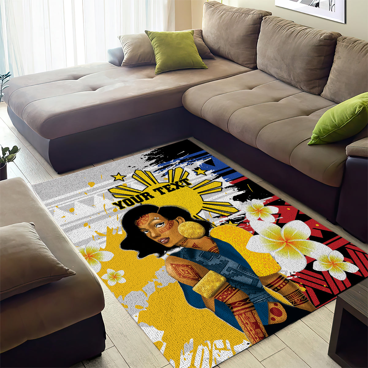 Personalised Philippines Women's Day Area Rug Filipino Golden Sun With Polynesian Pattern