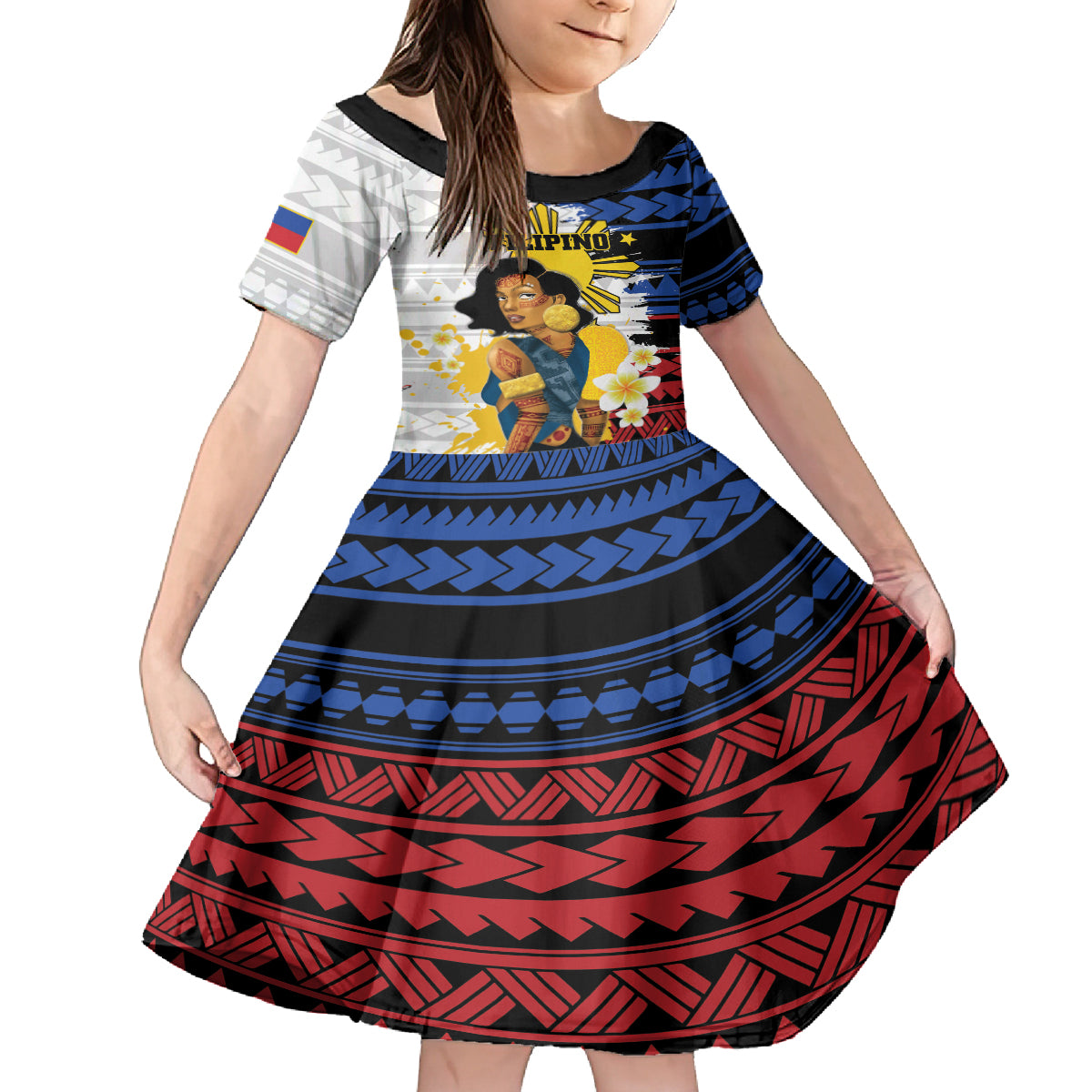 Personalised Philippines Women's Day Family Matching Off Shoulder Short Dress and Hawaiian Shirt Filipino Golden Sun With Polynesian Pattern LT14 Daughter's Dress Red - Polynesian Pride