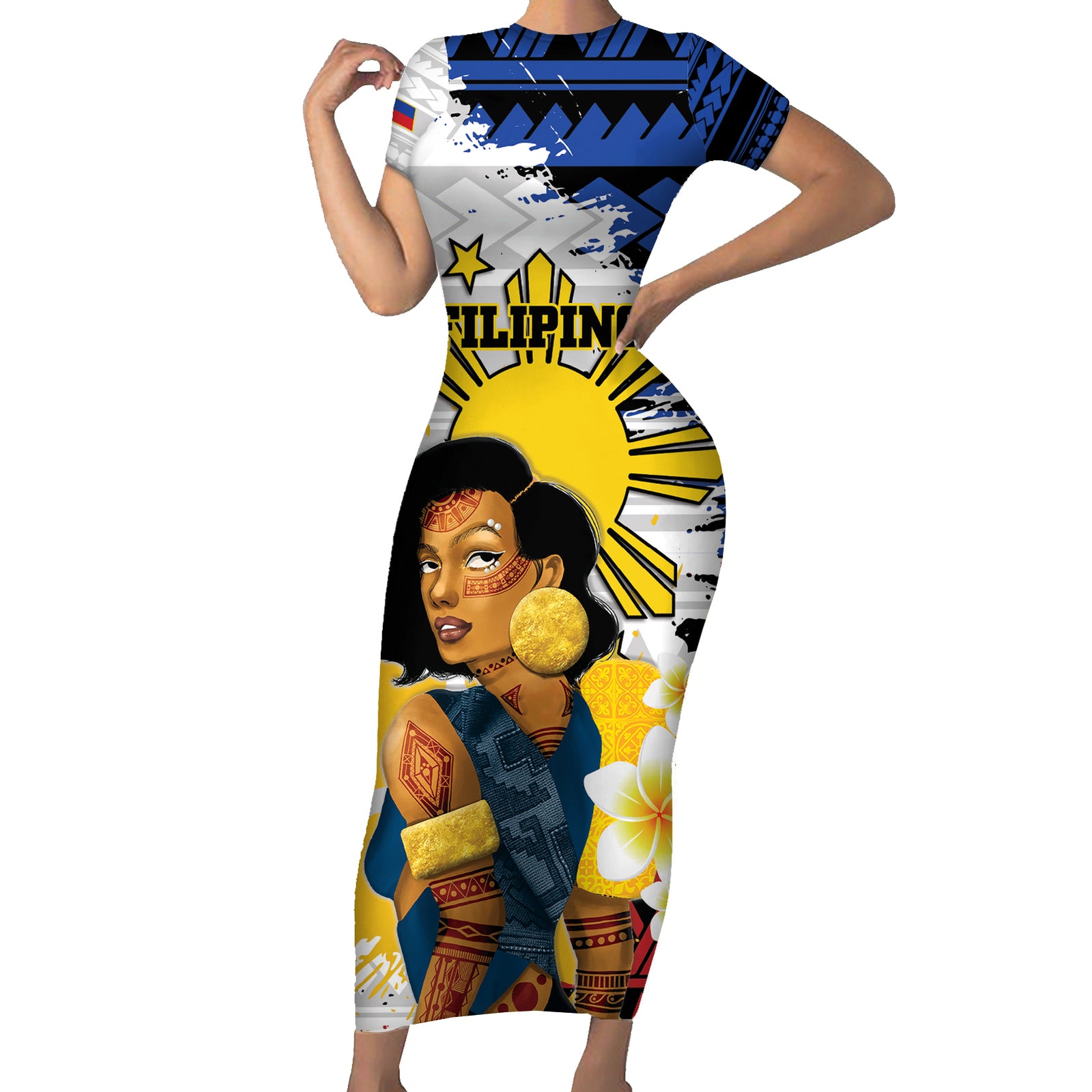 Personalised Philippines Women's Day Short Sleeve Bodycon Dress Filipino Golden Sun With Polynesian Pattern LT14 Long Dress Red - Polynesian Pride