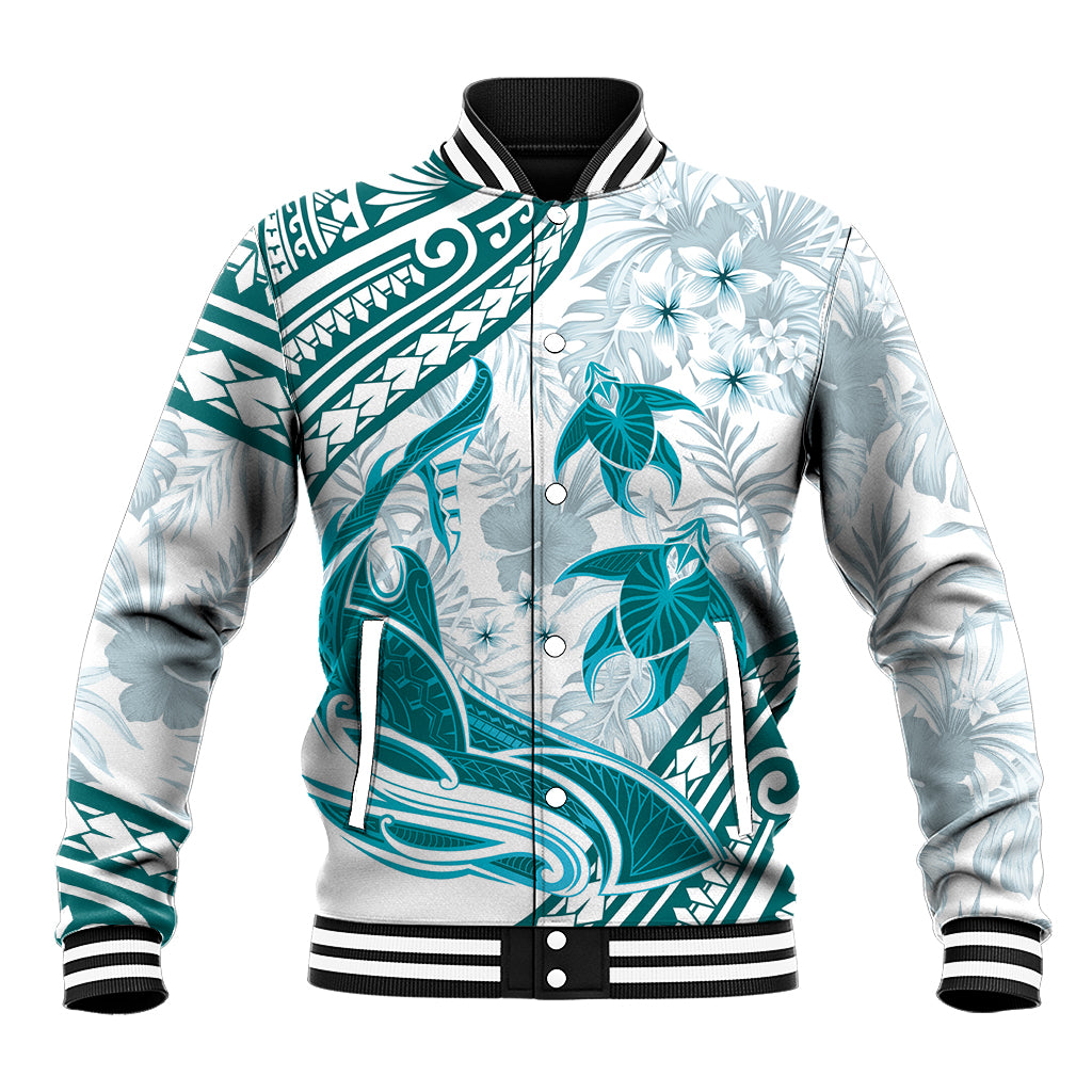 Cyan Polynesia Baseball Jacket Polynesian Turtle Shark Tattoo Tropical Vintage LT14 Unisex Cyan - Polynesian Pride