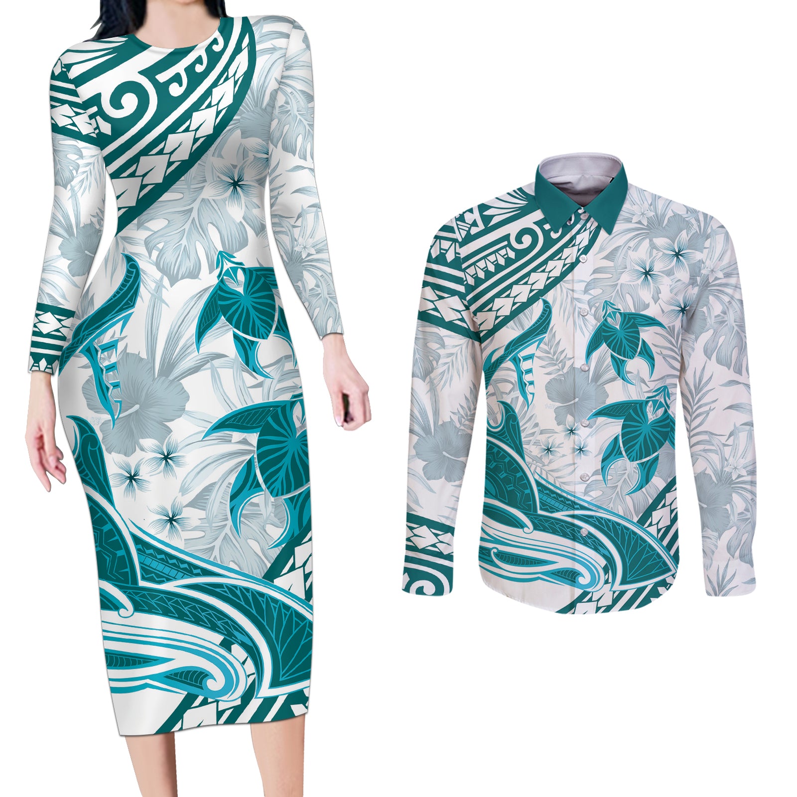 Cyan Polynesia Couples Matching Long Sleeve Bodycon Dress and Long Sleeve Button Shirt Polynesian Turtle Shark Tattoo Tropical Vintage LT14 Cyan - Polynesian Pride