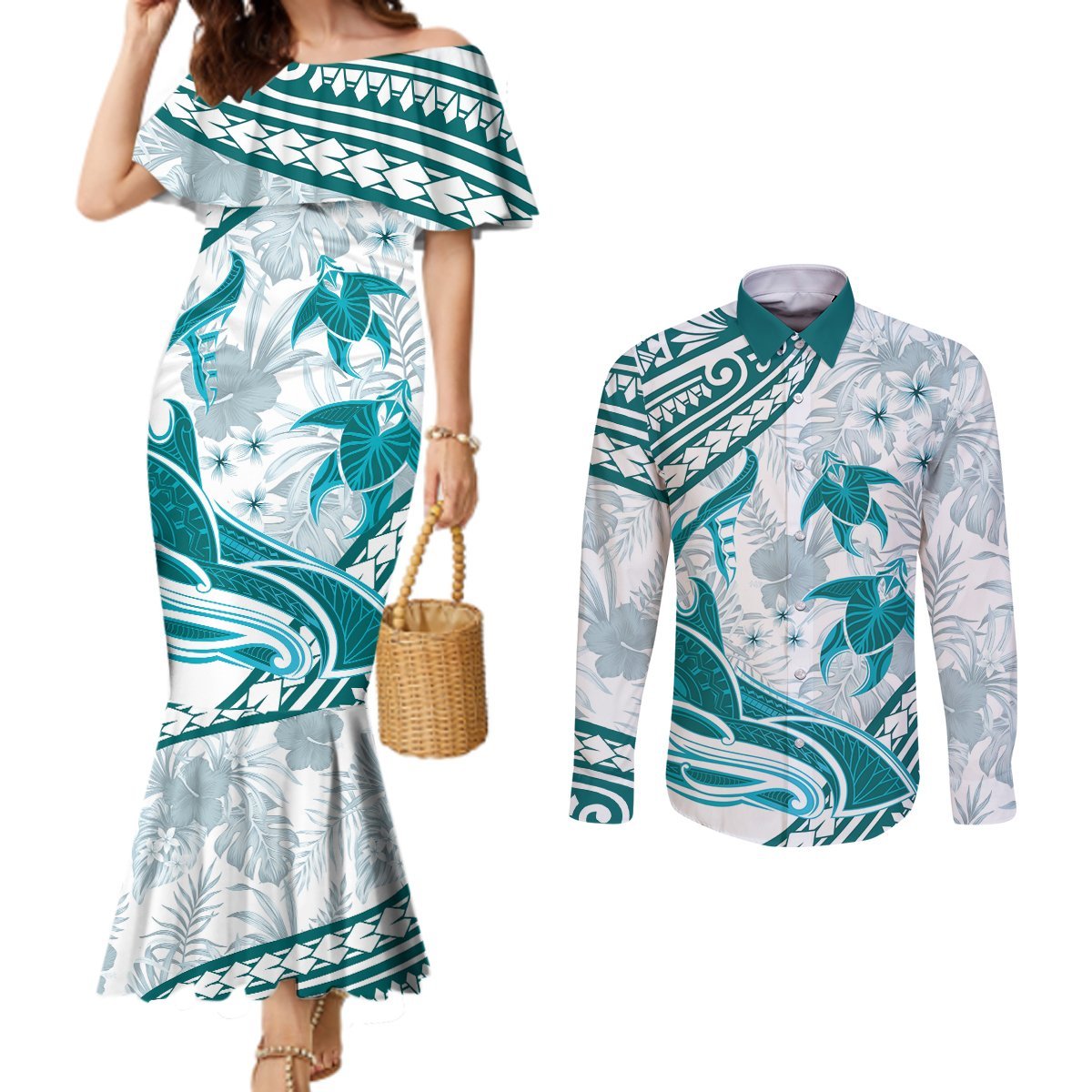 Cyan Polynesia Couples Matching Mermaid Dress and Long Sleeve Button Shirt Polynesian Turtle Shark Tattoo Tropical Vintage LT14 Cyan - Polynesian Pride
