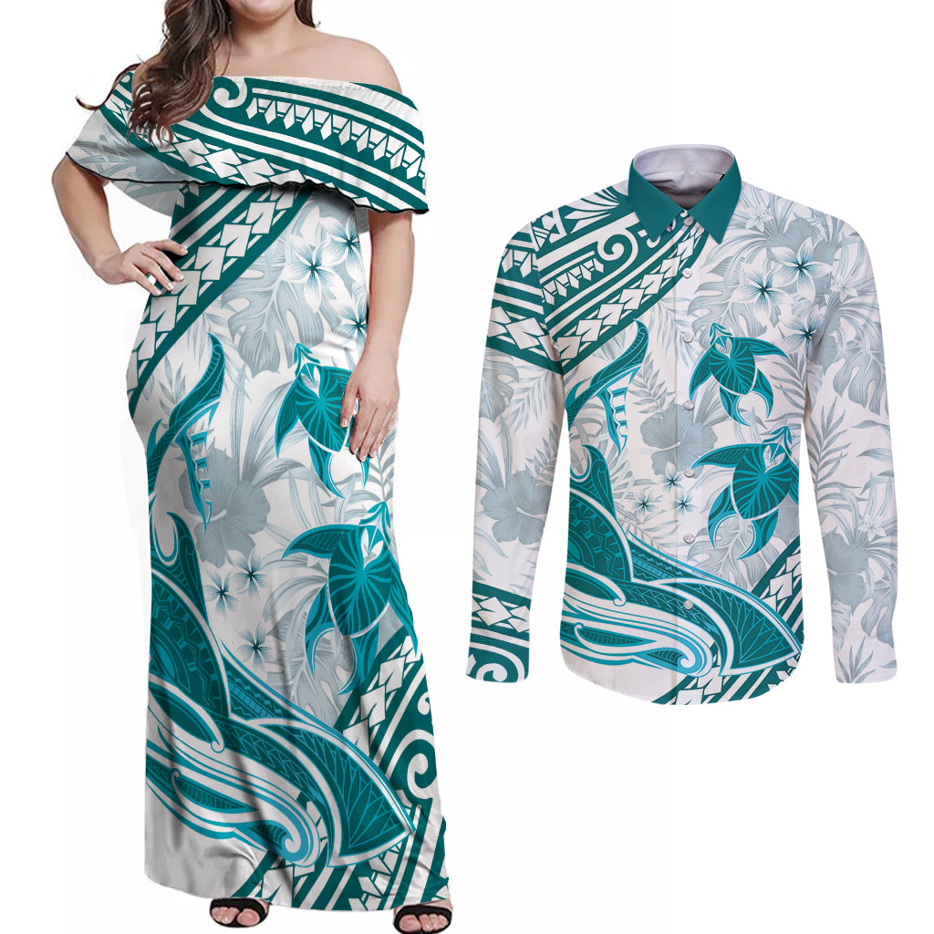 Cyan Polynesia Couples Matching Off Shoulder Maxi Dress and Long Sleeve Button Shirt Polynesian Turtle Shark Tattoo Tropical Vintage LT14 Cyan - Polynesian Pride