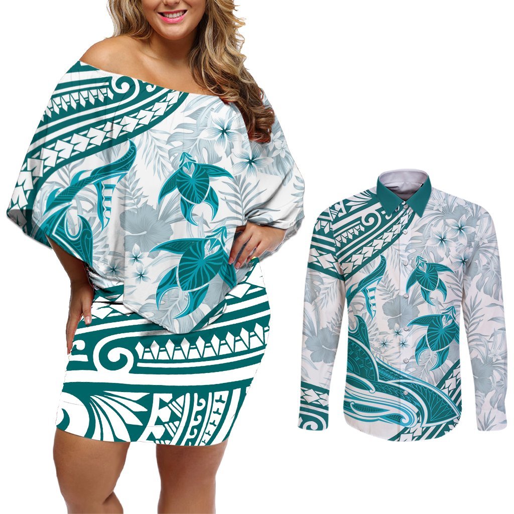 Cyan Polynesia Couples Matching Off Shoulder Short Dress and Long Sleeve Button Shirt Polynesian Turtle Shark Tattoo Tropical Vintage LT14 Cyan - Polynesian Pride