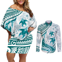 Cyan Polynesia Couples Matching Off Shoulder Short Dress and Long Sleeve Button Shirt Polynesian Turtle Shark Tattoo Tropical Vintage LT14 Cyan - Polynesian Pride