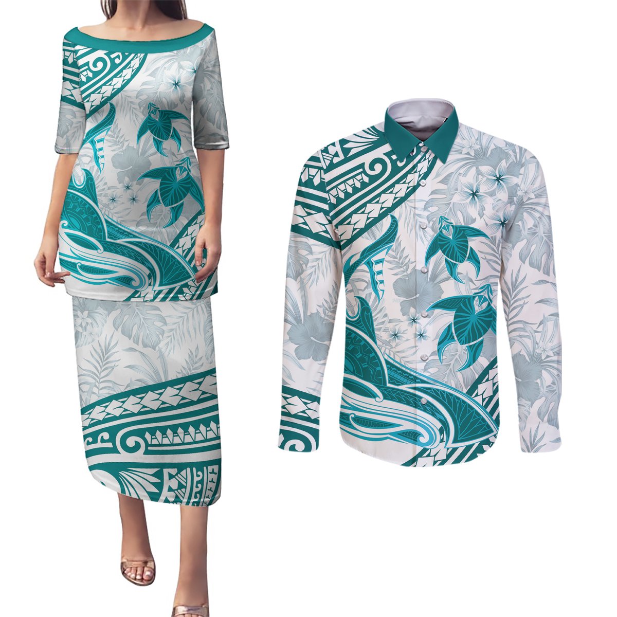 Cyan Polynesia Couples Matching Puletasi and Long Sleeve Button Shirt Polynesian Turtle Shark Tattoo Tropical Vintage LT14 Cyan - Polynesian Pride