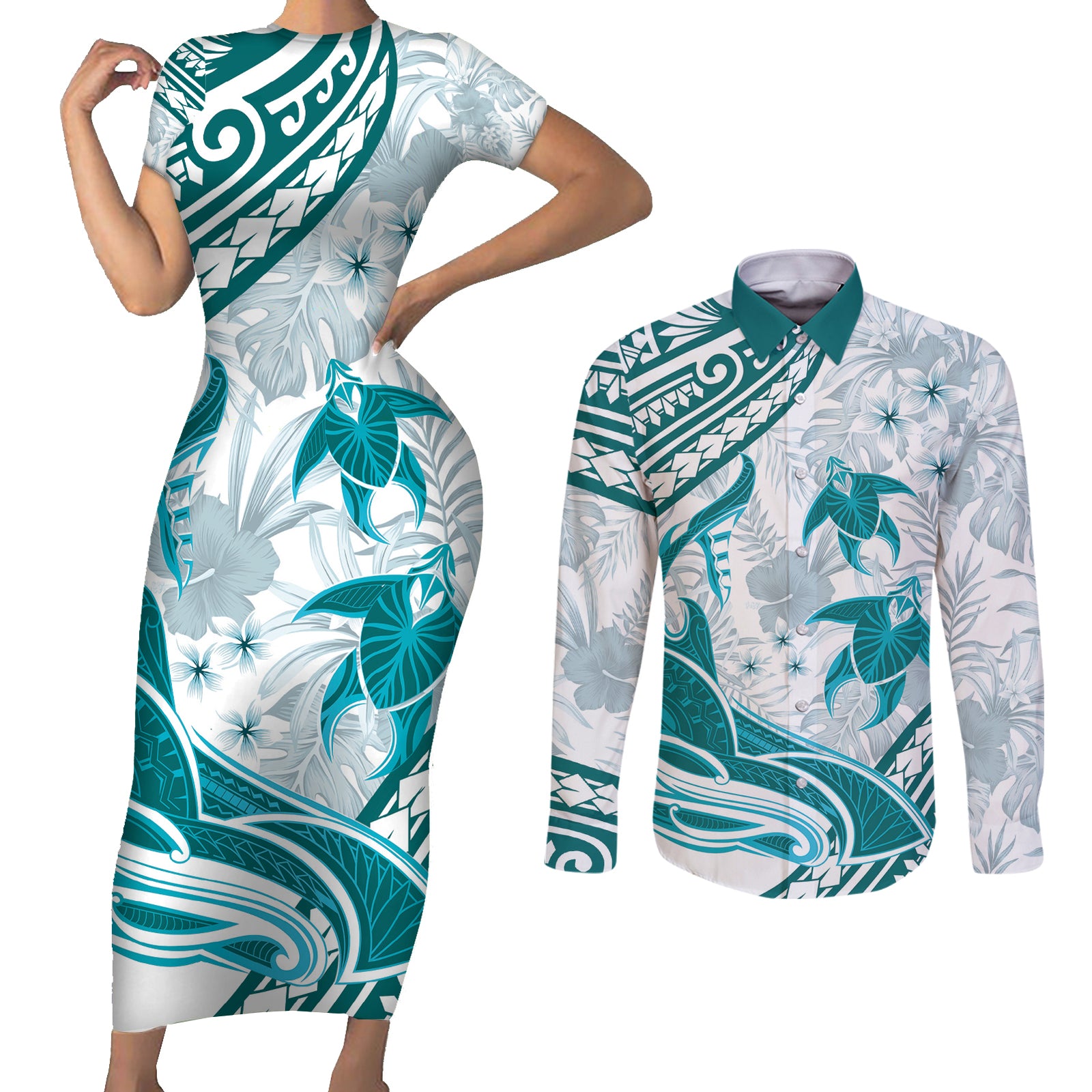Cyan Polynesia Couples Matching Short Sleeve Bodycon Dress and Long Sleeve Button Shirt Polynesian Turtle Shark Tattoo Tropical Vintage LT14 Cyan - Polynesian Pride
