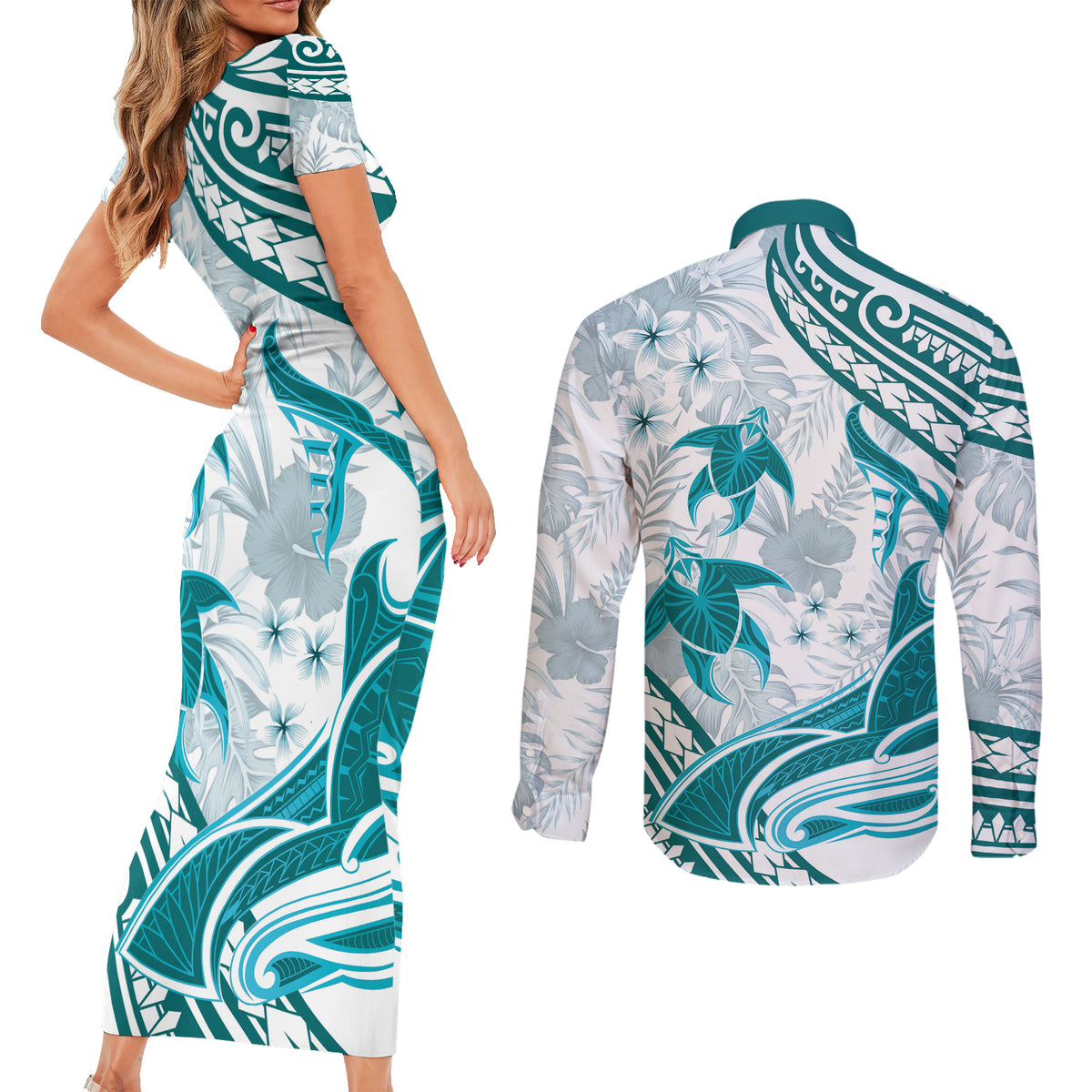 Cyan Polynesia Couples Matching Short Sleeve Bodycon Dress and Long Sleeve Button Shirt Polynesian Turtle Shark Tattoo Tropical Vintage LT14 - Polynesian Pride