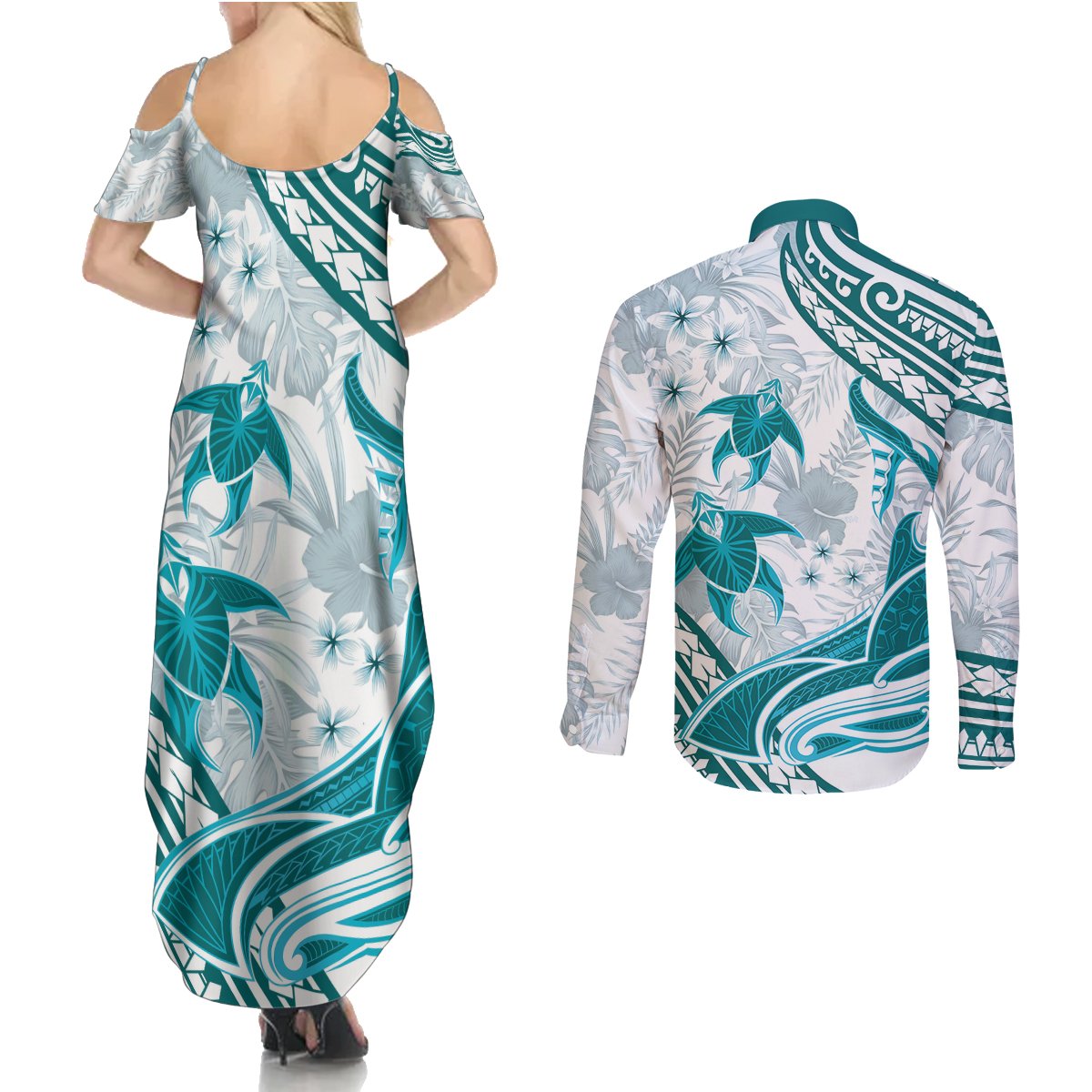 Cyan Polynesia Couples Matching Summer Maxi Dress and Long Sleeve Button Shirt Polynesian Turtle Shark Tattoo Tropical Vintage LT14 - Polynesian Pride